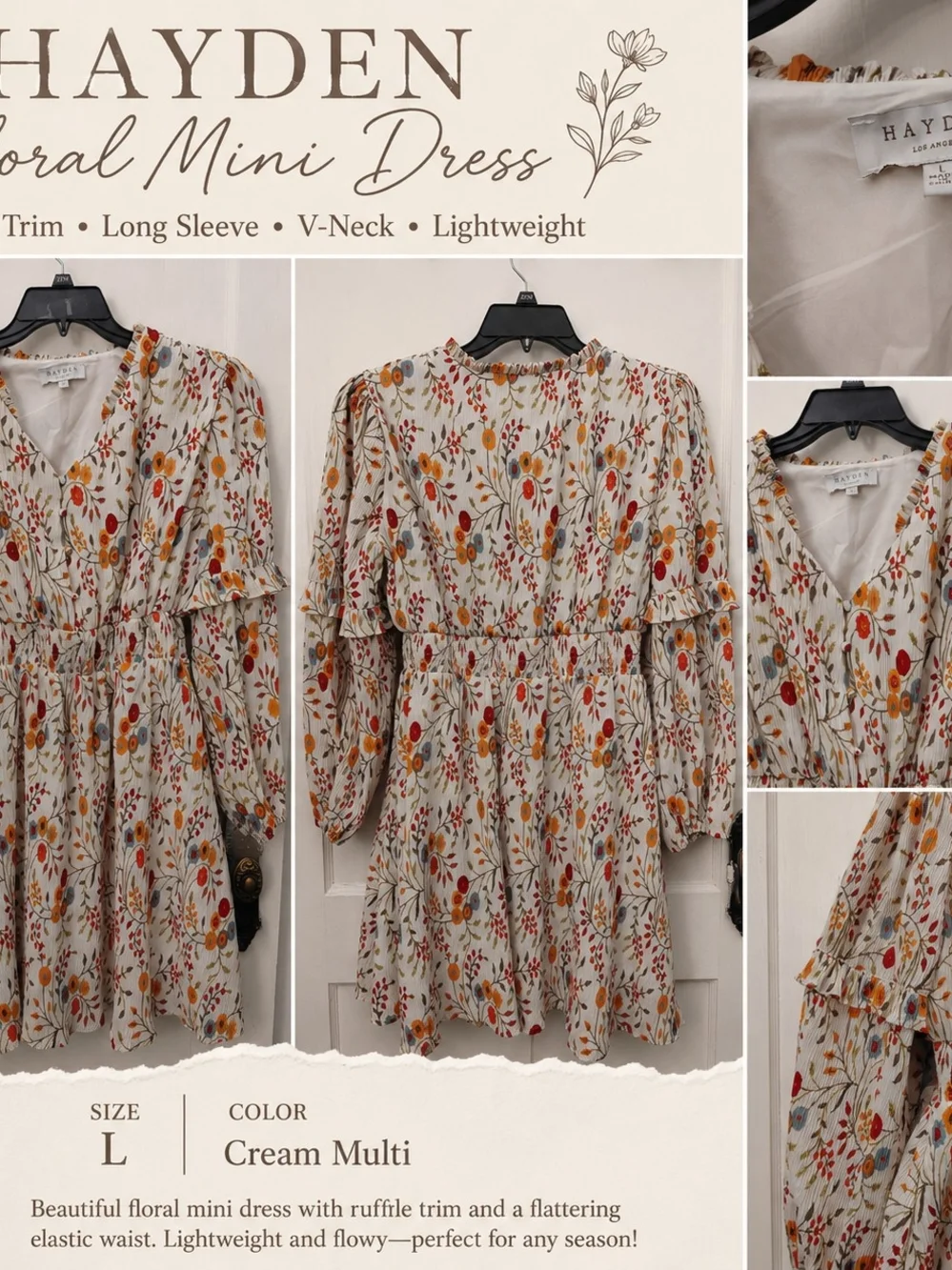 Hayden Los Angeles Floral Print Ruffle Sleeve Mini Dress Cream & Orange Large